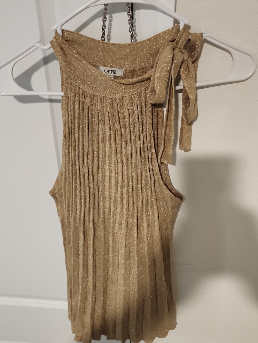 Cache Gold Pleated Tie-Neck Sleeveless Top